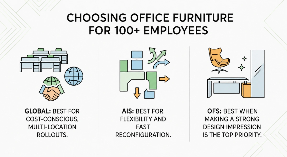 Comparison infographic showing Global, AIS, and OFS office furniture brands for companies with 100+ employees